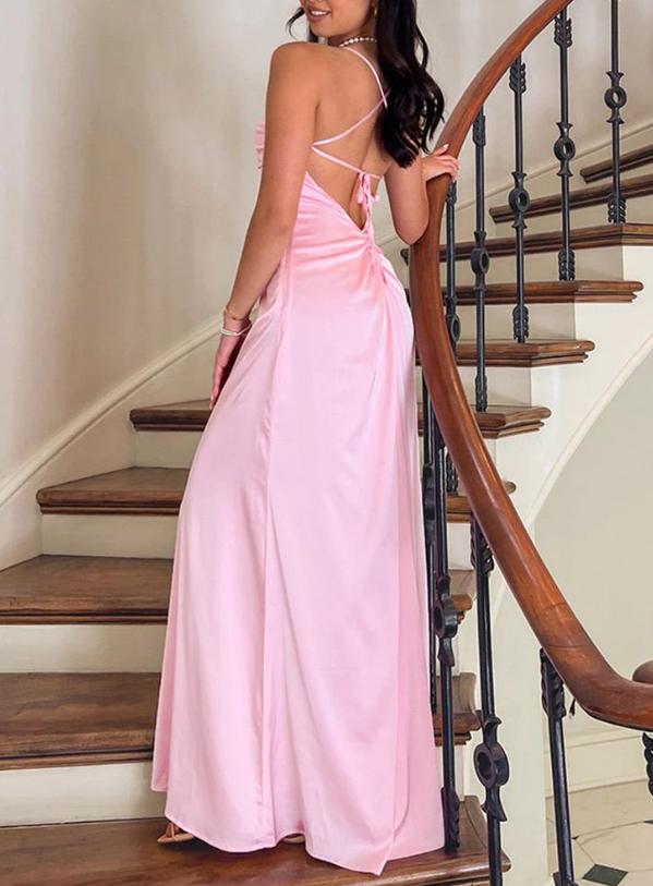 Spaghetti Straps Pink Satin Backless A Line Prom Dress Long Party Evening Dress cc1847
