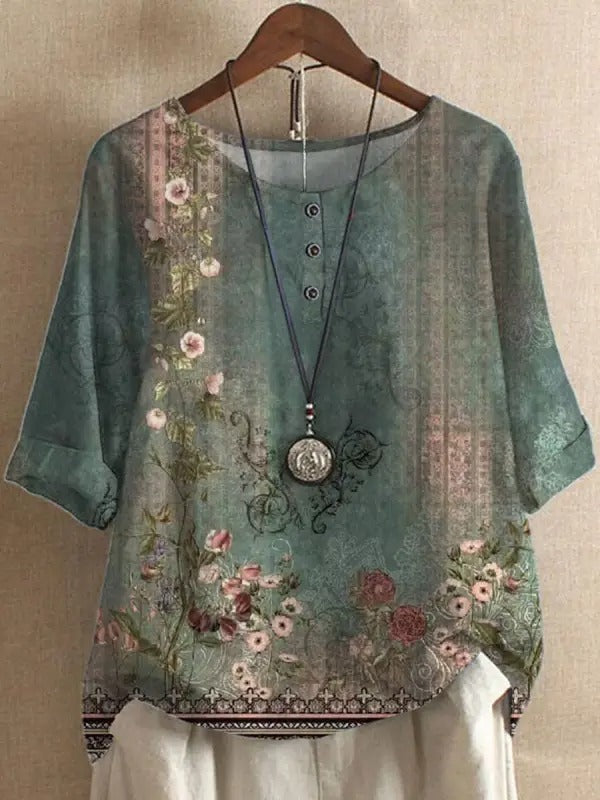 Floral Print Round Neck Button Long Sleeve Blouse