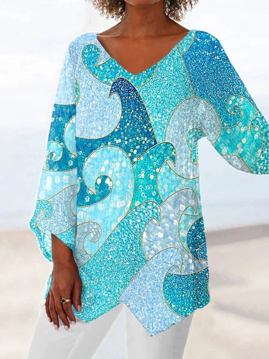 Wave Print Sequin V-Neck Long Sleeve Blouse