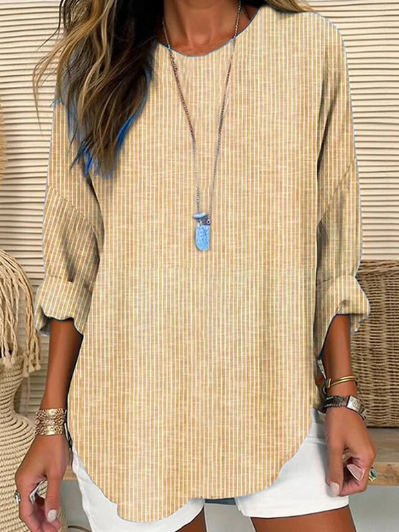 Striped Crew Neck Long Sleeve Loose Blouse