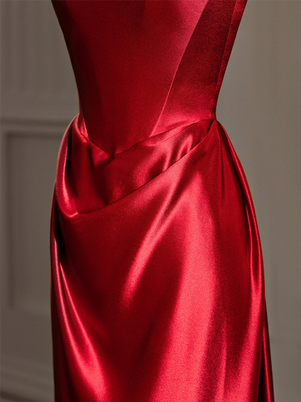 Elegant Red Satin Straps Pleats Prom Dress Long Party Evening Dress cc1926