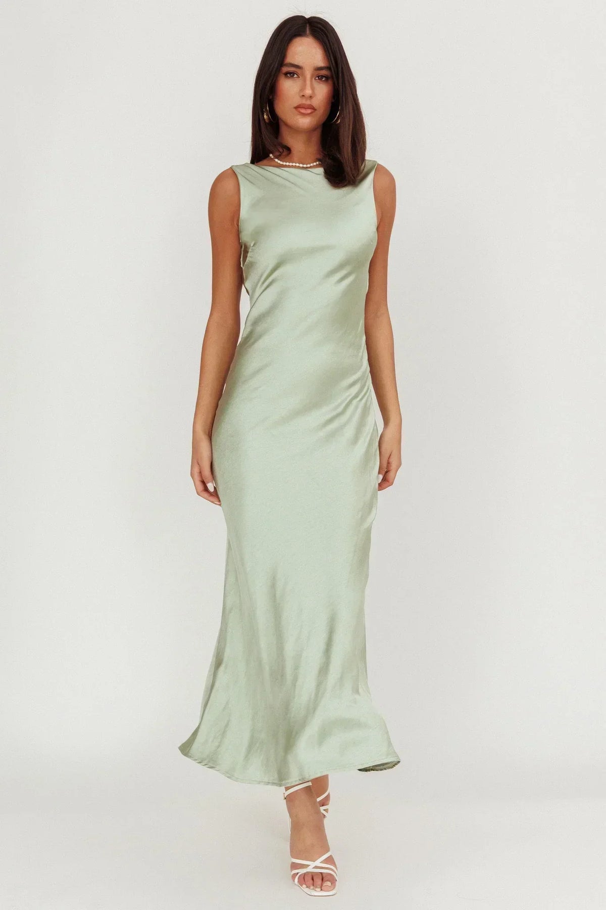 Satin Boat Neck Sleeveless Cowl Back Bias Cut Maxi Dress 4