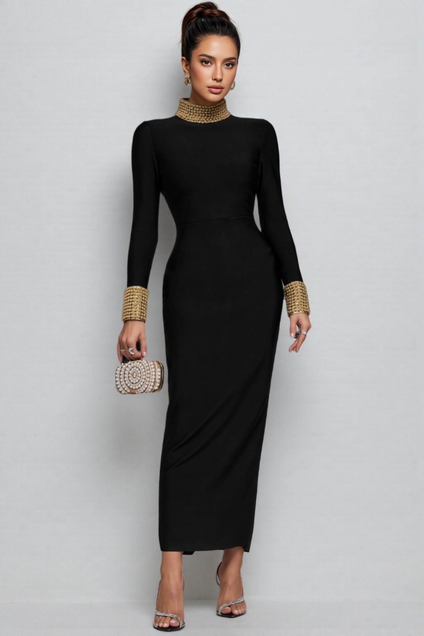 Beaded Mock Neck Long Sleeve Bodycon Bandage Maxi Gown