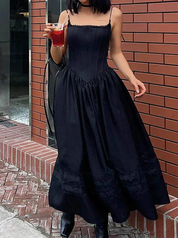 Black Classic Lace Up Corset Maxi Dress