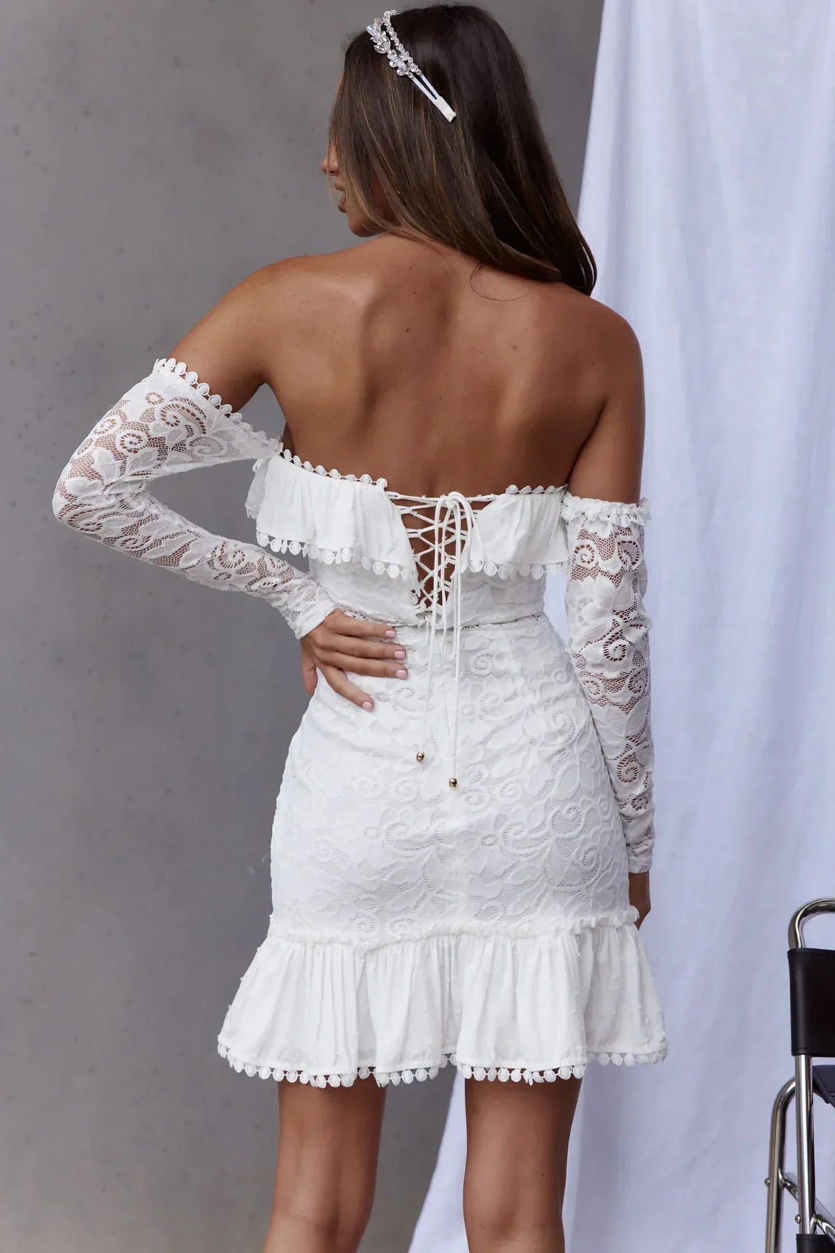 Lace Off Shoulder Ruffle Long Sleeve Pom Pom Trim Flounce Hem Mini Dress 2