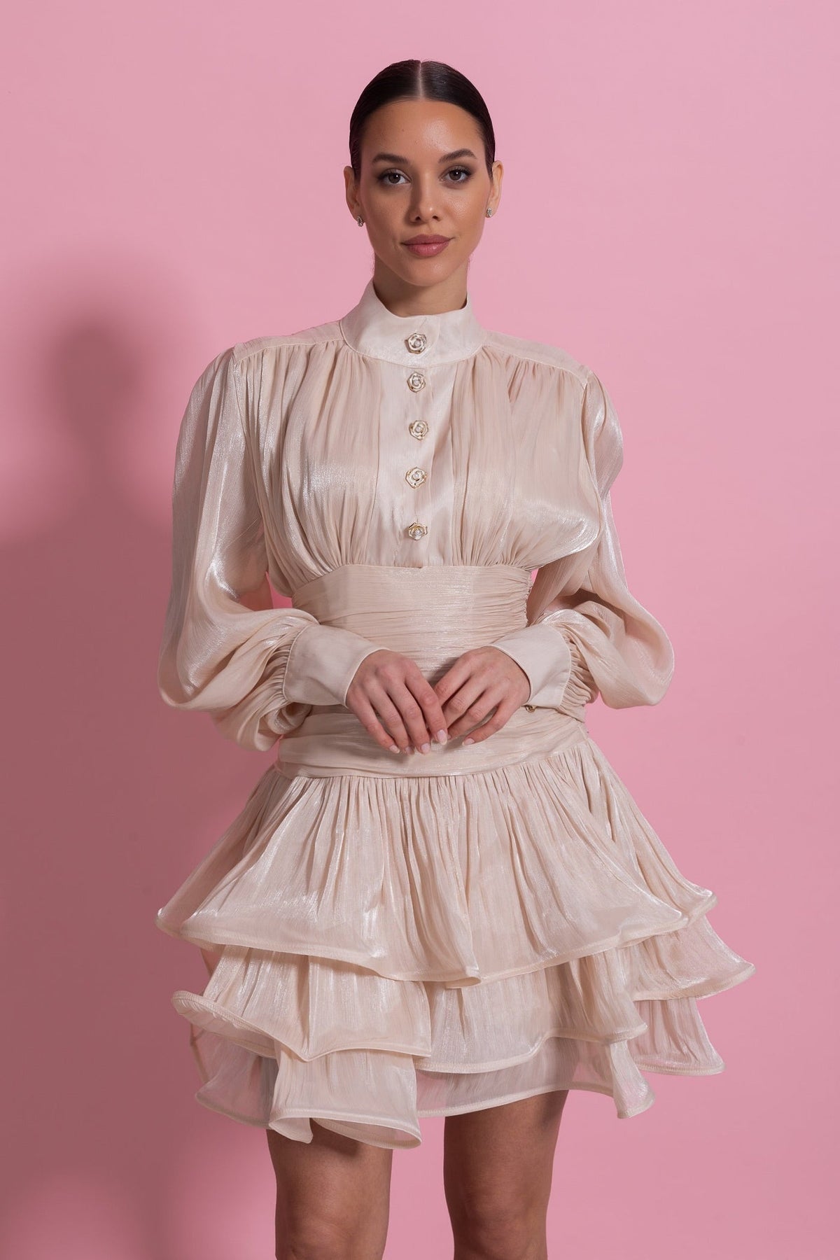 High Neck Balloon Sleeve Ruched Waist Tiered Ruffle Mini Dress 7