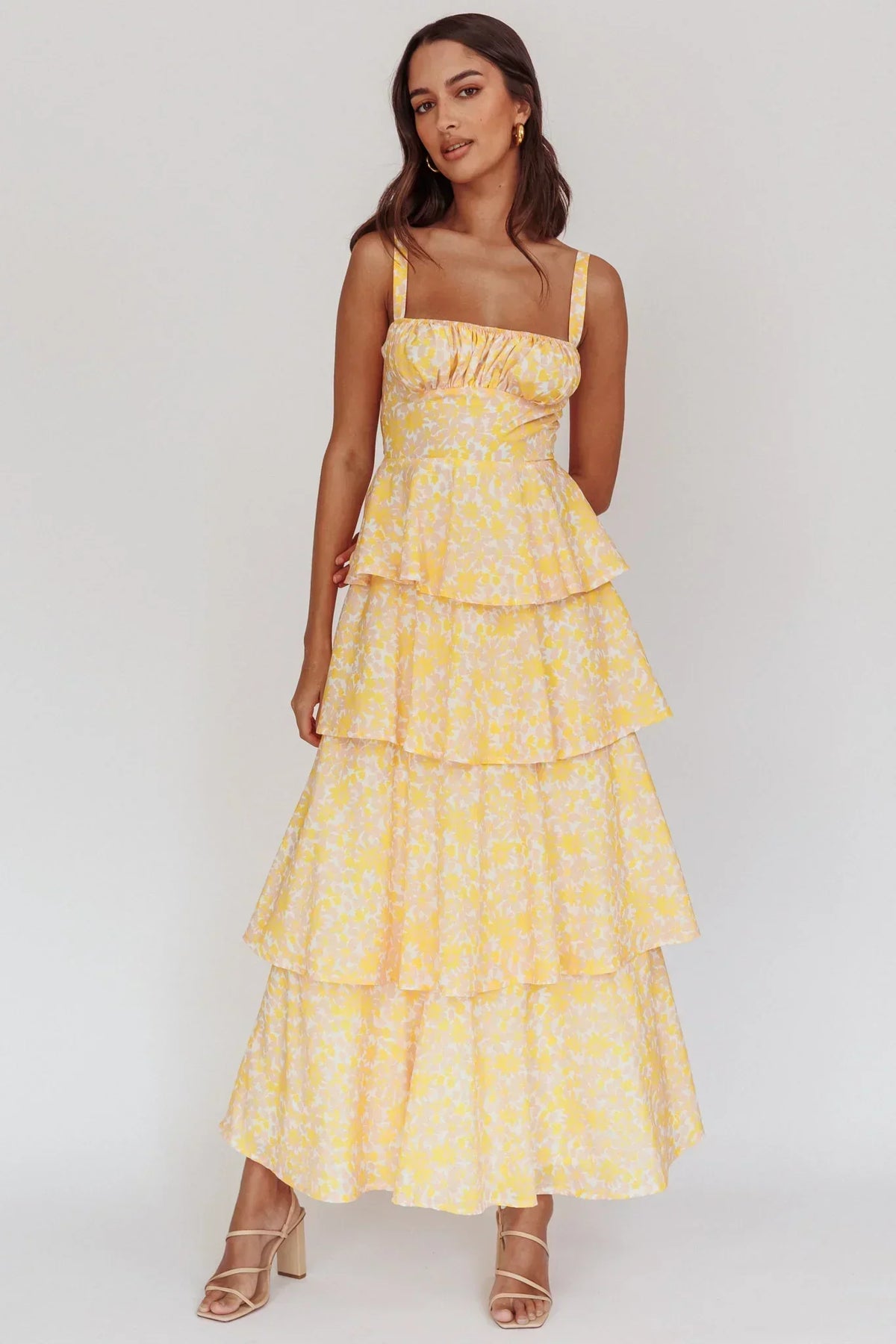 Floral Print Square Neck Ruched Bust Tiered Ruffle Maxi Dress 3