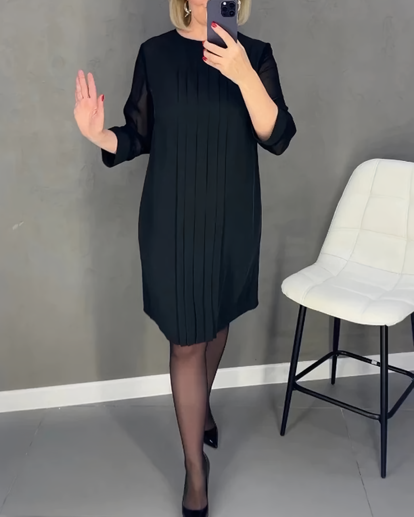 Mesh Sleeve Round Neck Pintuck Front Shift Midi Dress