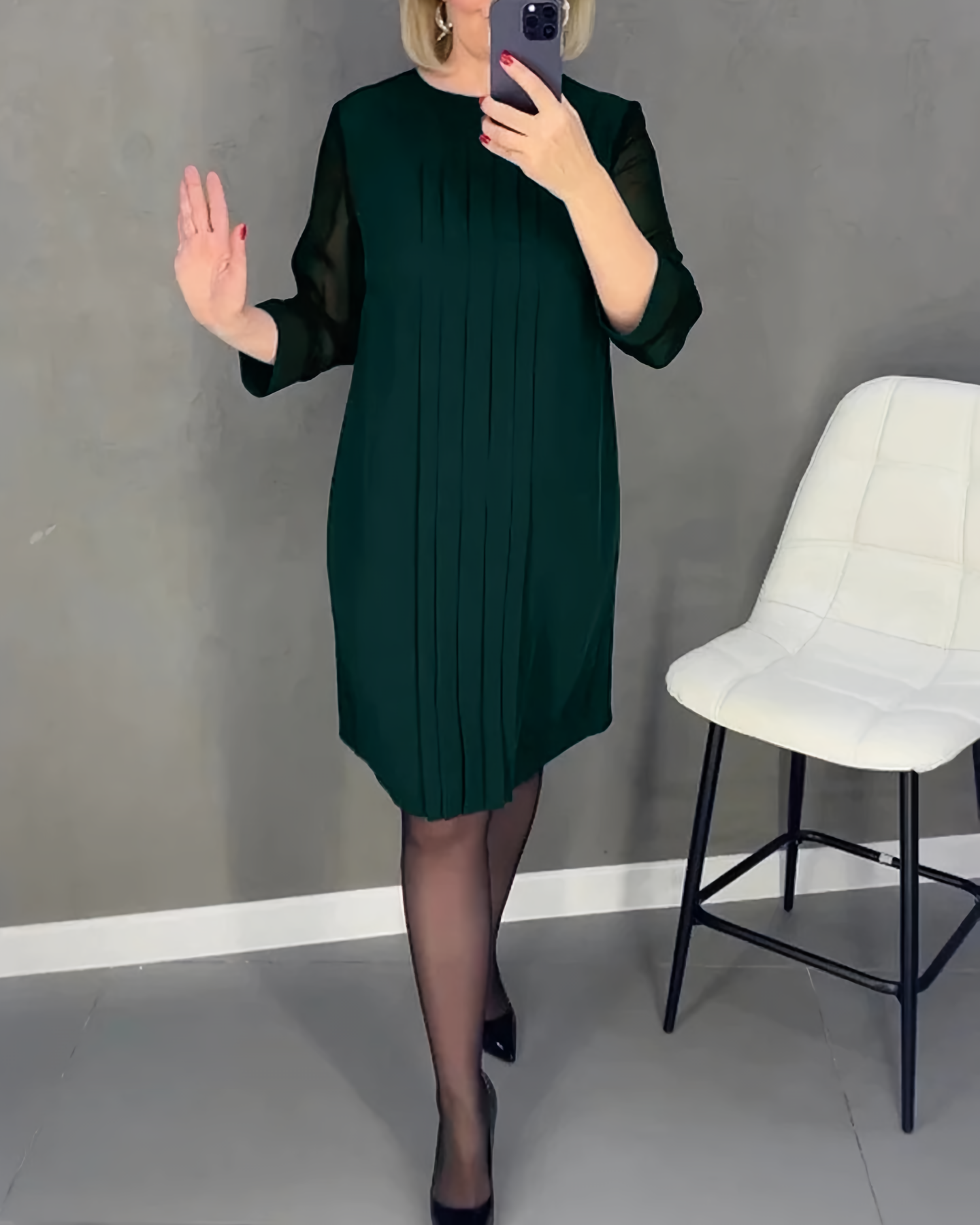 Mesh Sleeve Round Neck Pintuck Front Shift Midi Dress