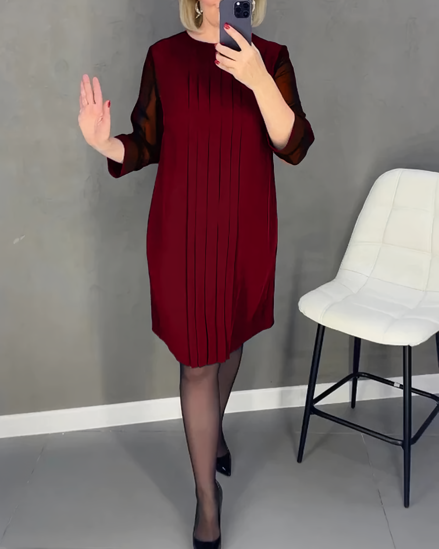 Mesh Sleeve Round Neck Pintuck Front Shift Midi Dress