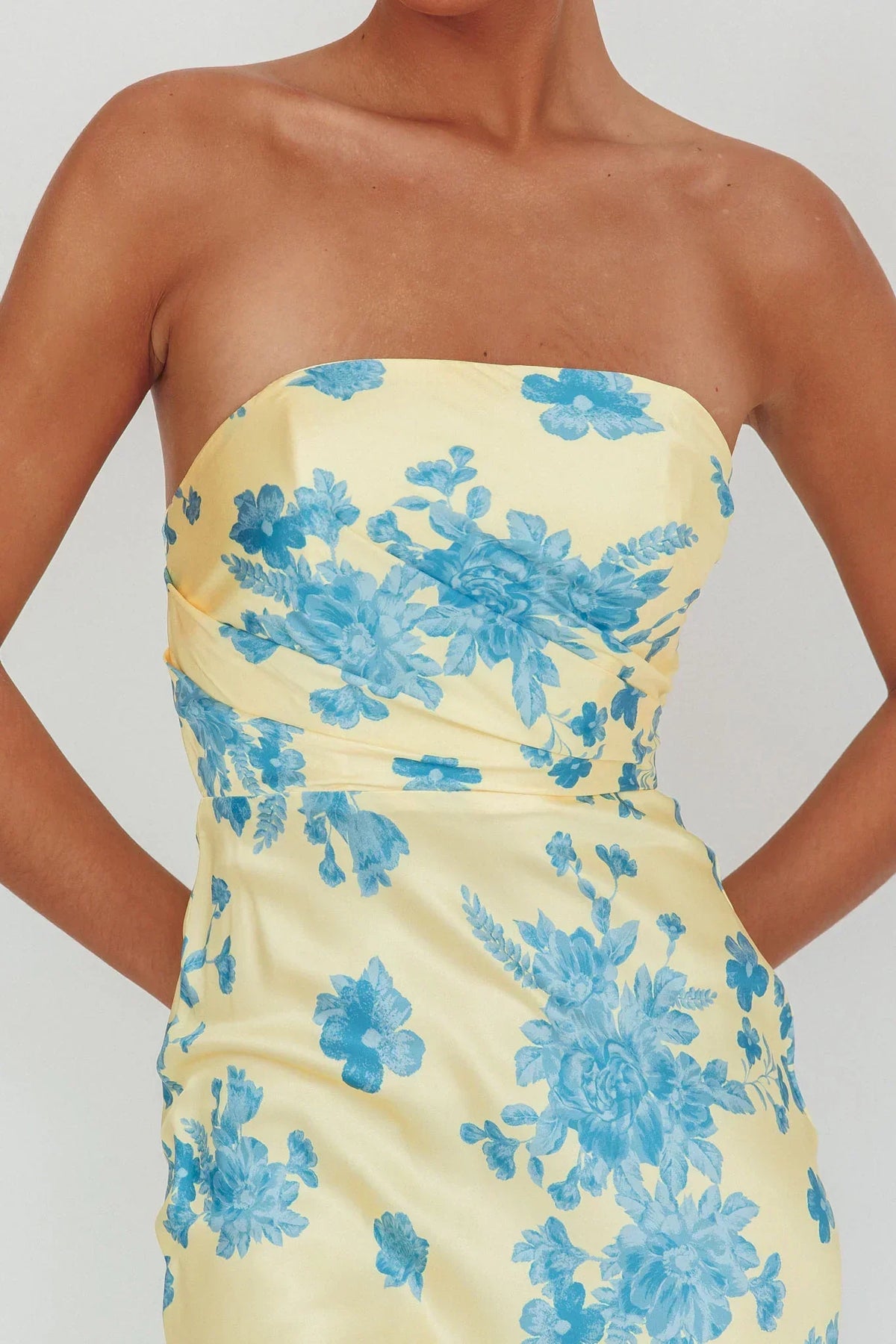 Floral Print Satin Strapless Ruched Bust Bodycon Maxi Dress 3