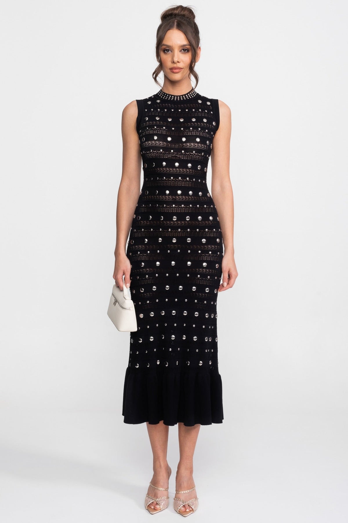 Studded Open Knit Sleeveless High Neck Ruffle Hem Midi Dress