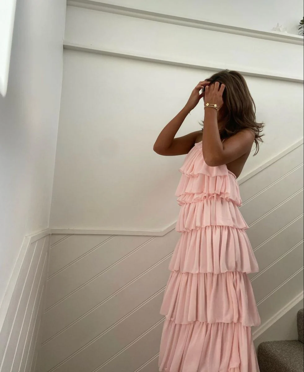 Pink Sleeveless Layered Long Prom Dress,Pink Evening Dress cc1320