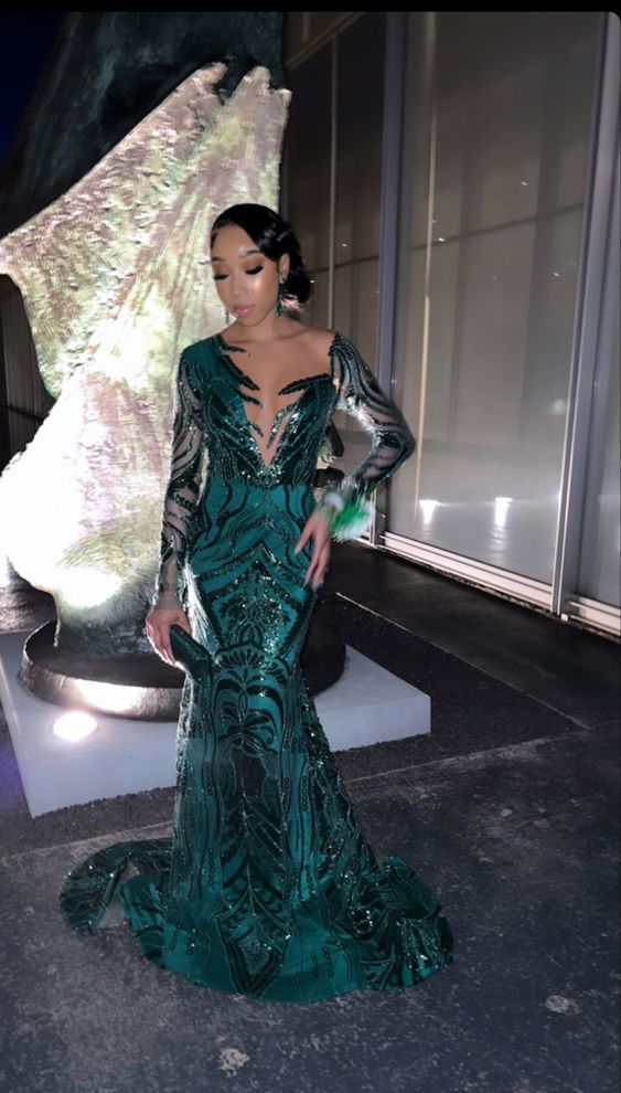 Dark Green Long Sleeves Mermaid Prom Dress cc1133