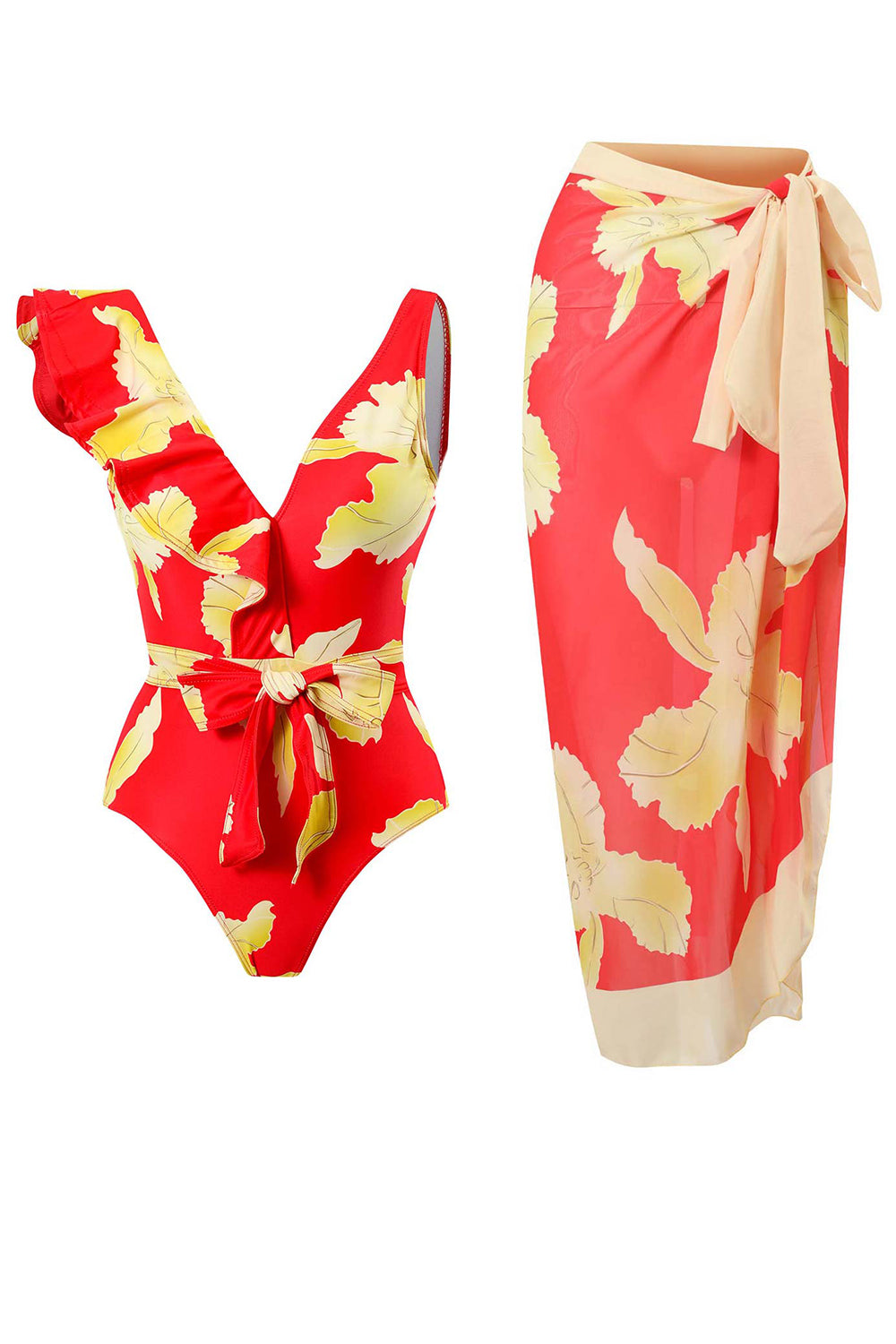 Two Piece Printed Green Bikini Set with Beach Skirt
