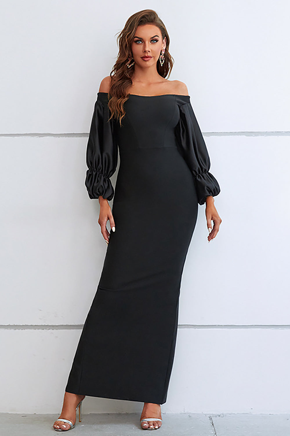 Mermaid Off The Shoulder Black Formal Dress with Puff Sleeves