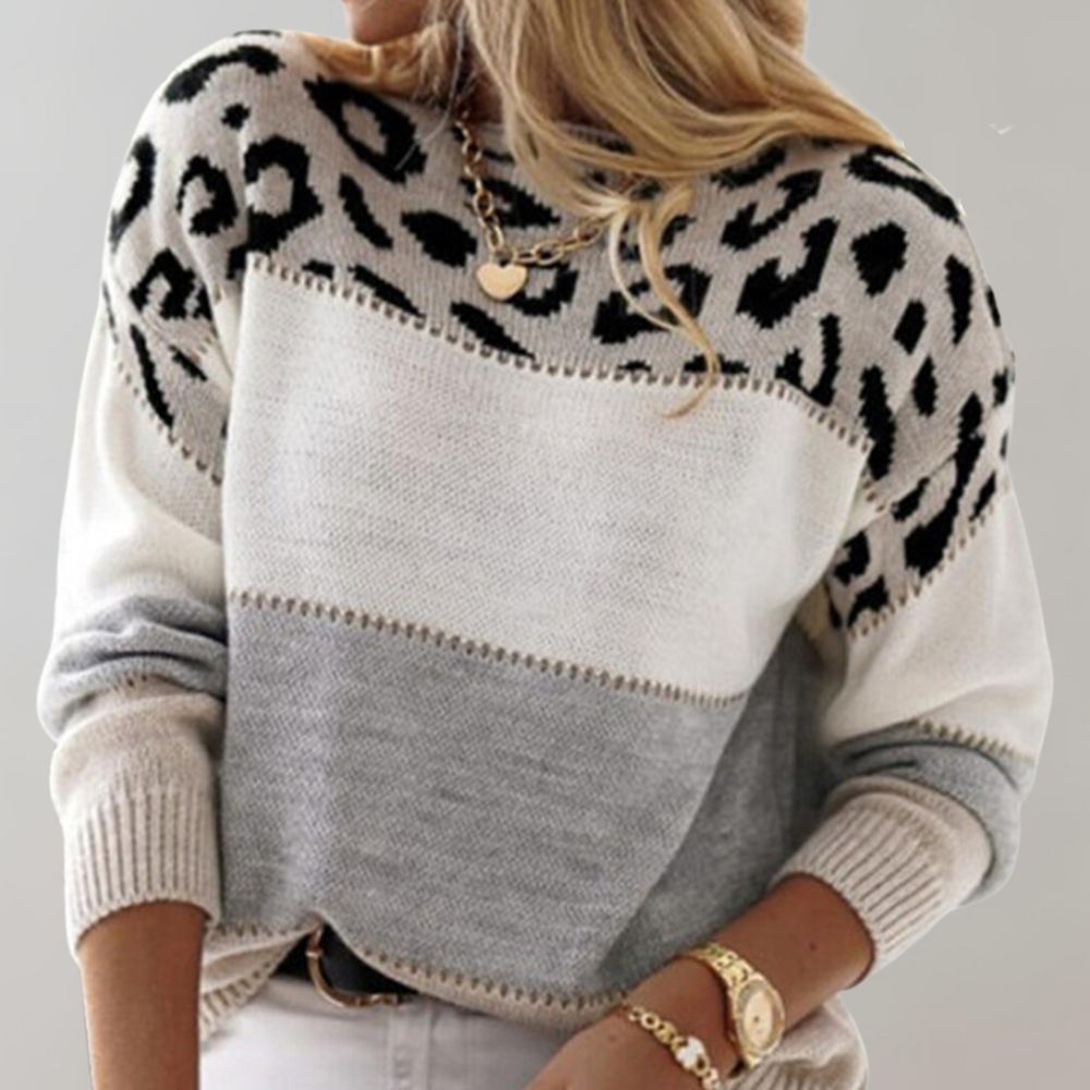 Boat Neck Leopard Print Colorblock Knit Sweater