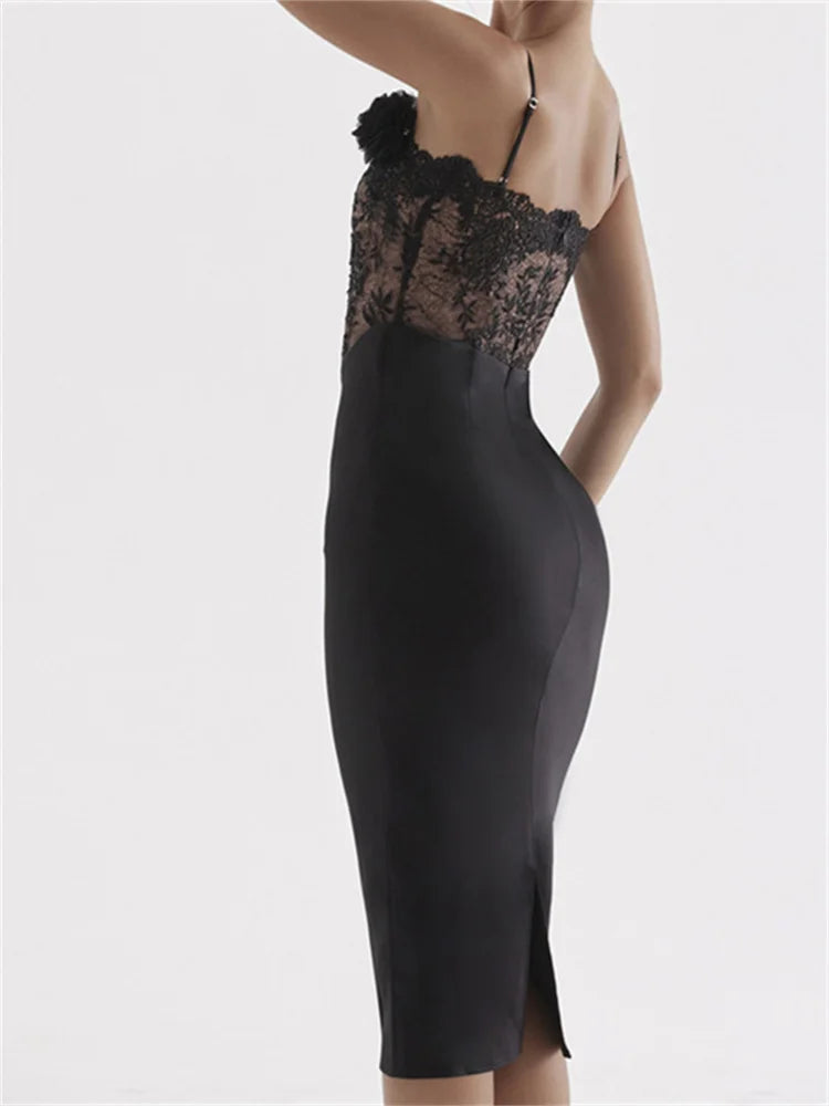 Lace Patchwork 3D Flower Sleeveless Midi Dress - View 2