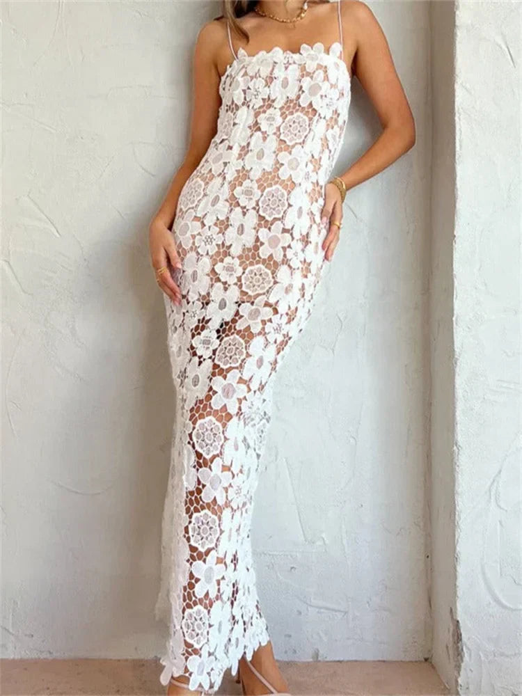Elegant Lace Flower Hollow Out Sleeveless Maxi Dress 5