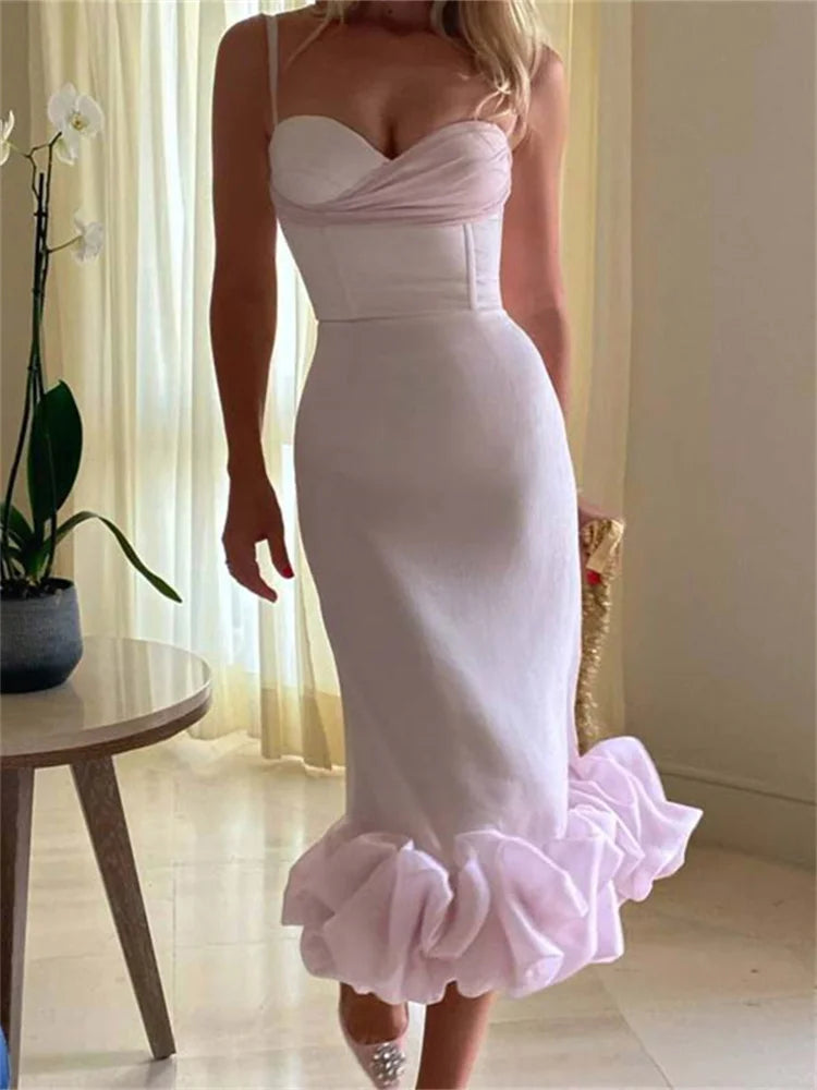 Sweetheart Neck Spaghetti Strap Ruched Bust Ruffle Hem Midi Dress 5