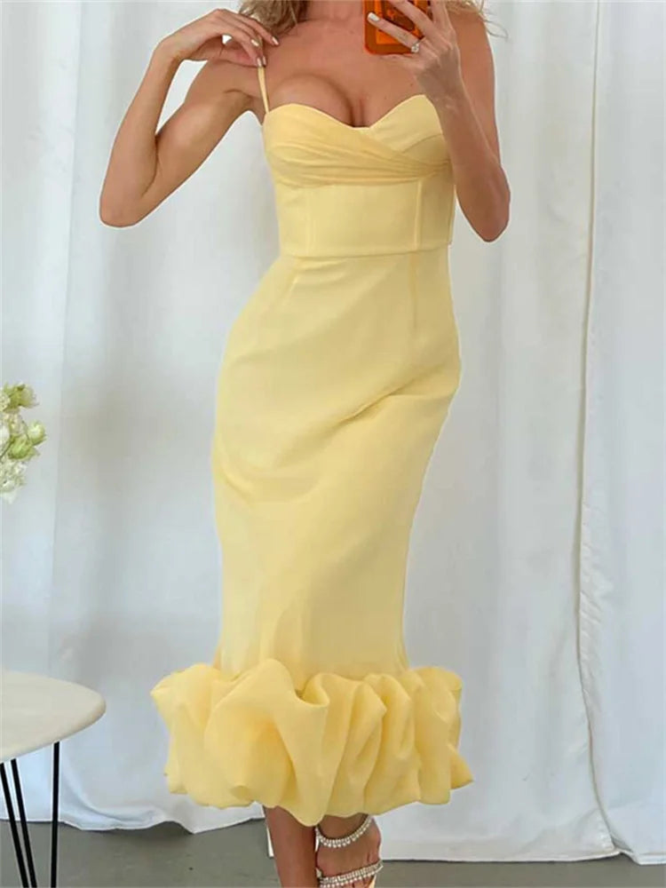 Sweetheart Neck Spaghetti Strap Ruched Bust Ruffle Hem Midi Dress 8