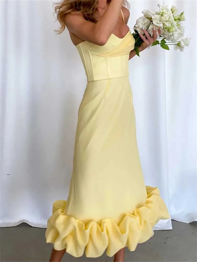 Sweetheart Neck Spaghetti Strap Ruched Bust Ruffle Hem Midi Dress 4