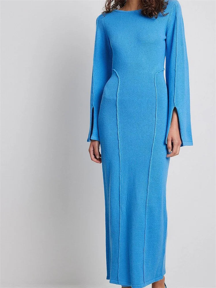 Elegant Women Knitted Patchwork Vintage Flare Sleeve Round Neck Slim Fit Solid Party Vestidos Navy