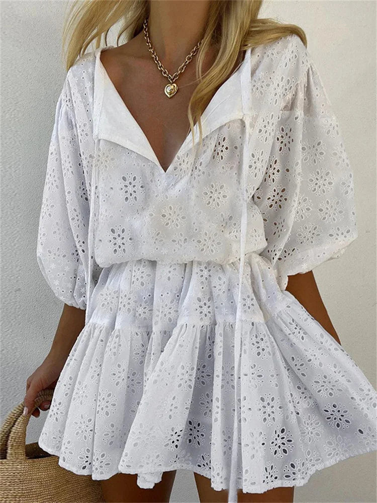 Eyelet Embroidered Tie V-Neck Puff Sleeve Tiered Ruffle Mini Dress