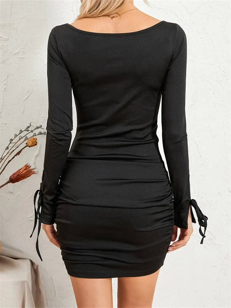 Ruched Twist Front Sweetheart Neck Long Sleeve Tie Cuff Bodycon Cocktail Mini Dress
