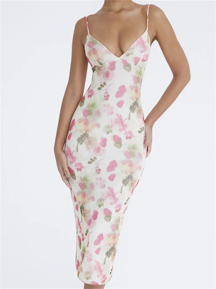 Sleeveless Strap Sling VNeck Floral Print Slim Cocktail Party Midi Dress