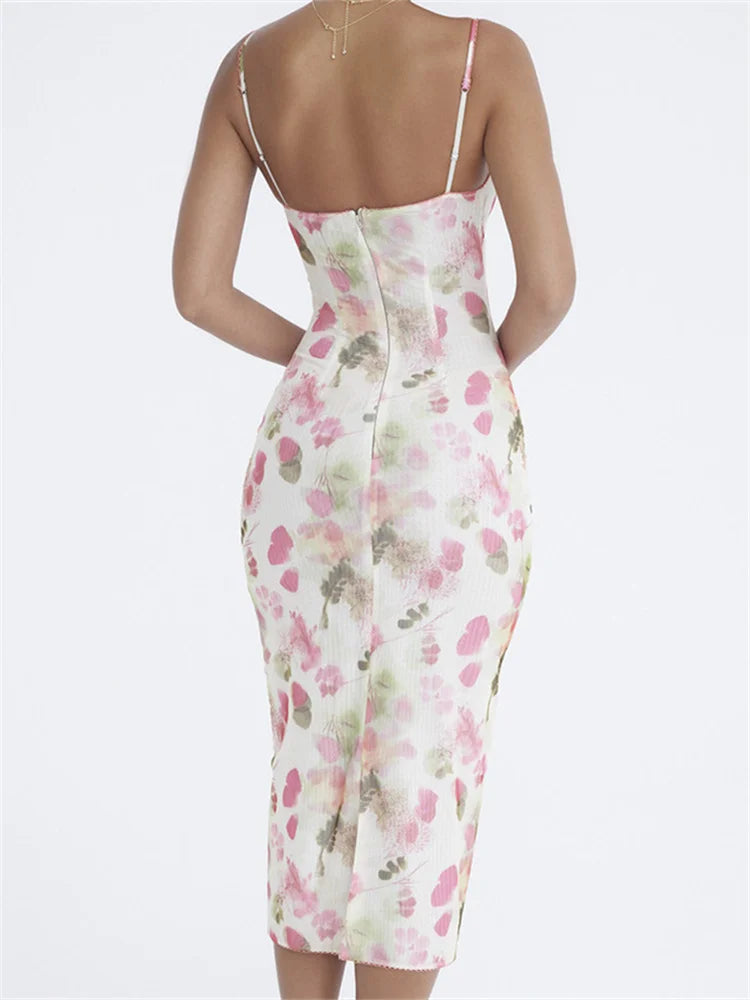 Floral Spaghetti Strap V-Neck Bodycon Midi Cocktail Dress