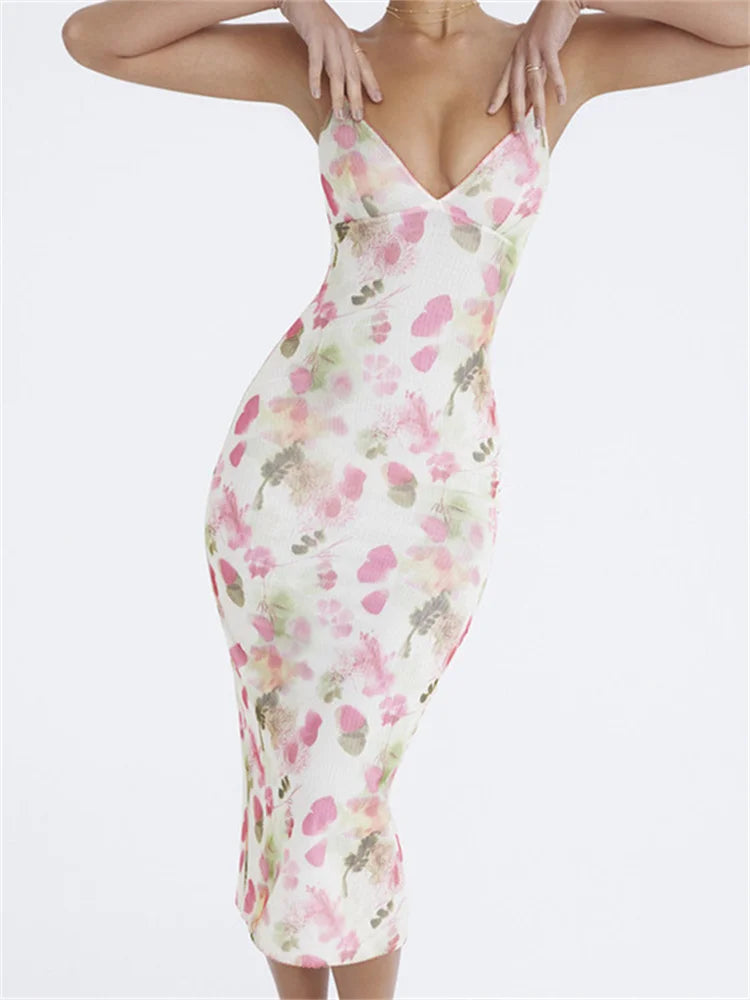 Sleeveless Strap Sling VNeck Floral Print Slim Cocktail Party Midi Dress