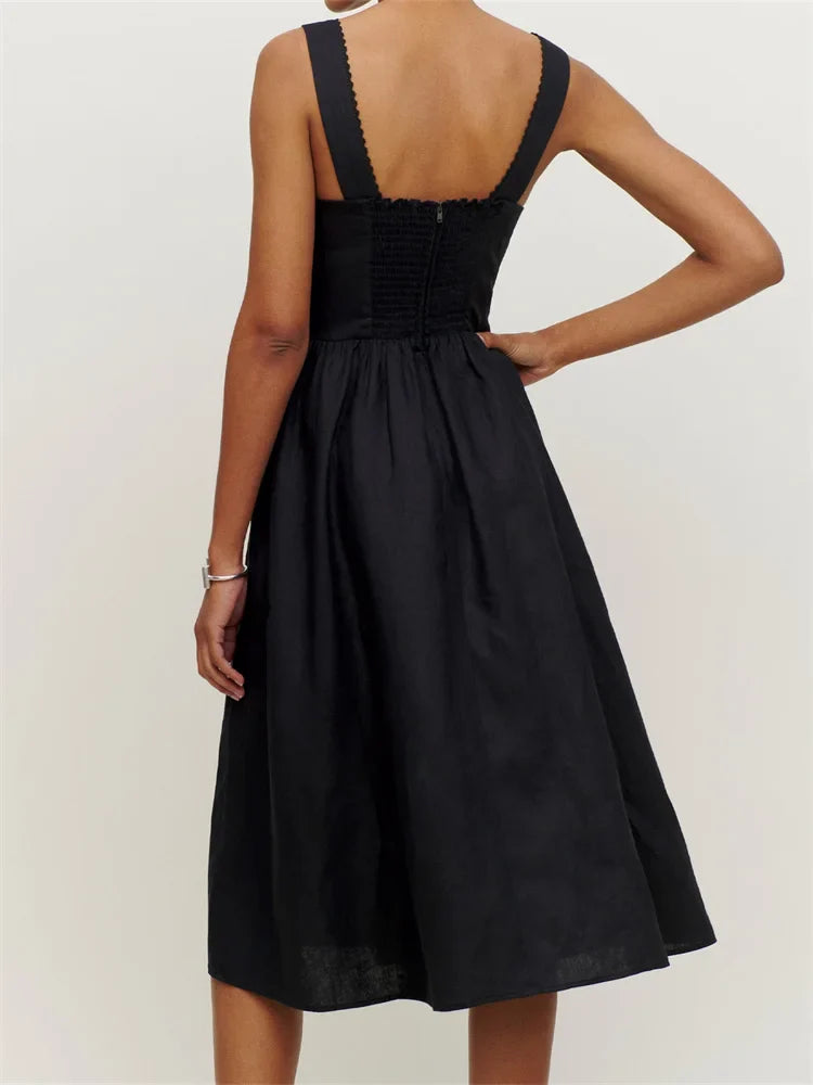 Elegant Square Neck ButtonUp Sling High Waist ALine Summer Midi Dress