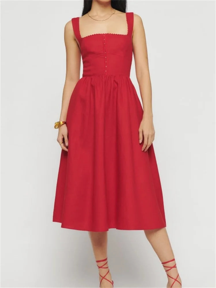 Elegant Square Neck ButtonUp Sling High Waist ALine Summer Midi Dress