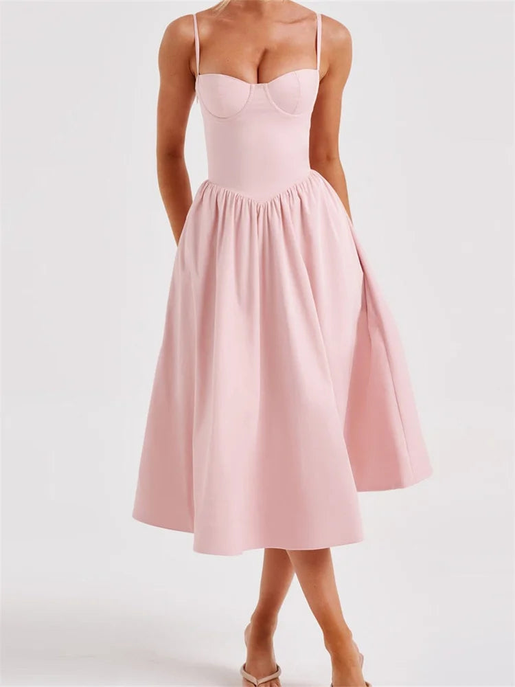 Spaghetti Strap Sweetheart Bustier Fit and Flare A-Line Midi Dress