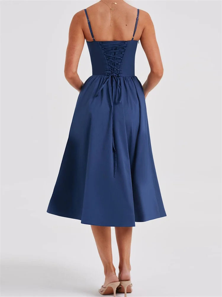 Spaghetti Strap Sweetheart Bustier Fit and Flare A-Line Midi Dress