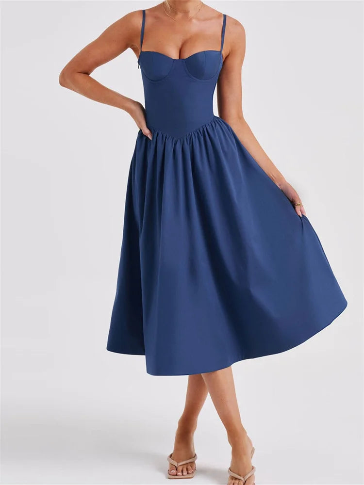 Spaghetti Strap Sweetheart Bustier Fit and Flare A-Line Midi Dress