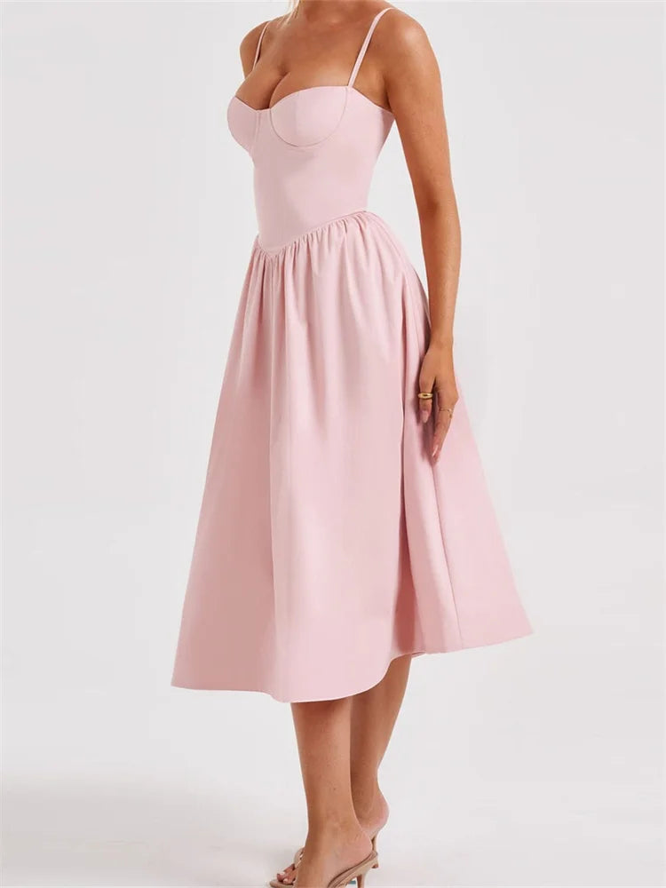 Spaghetti Strap Sweetheart Bustier Fit and Flare A-Line Midi Dress
