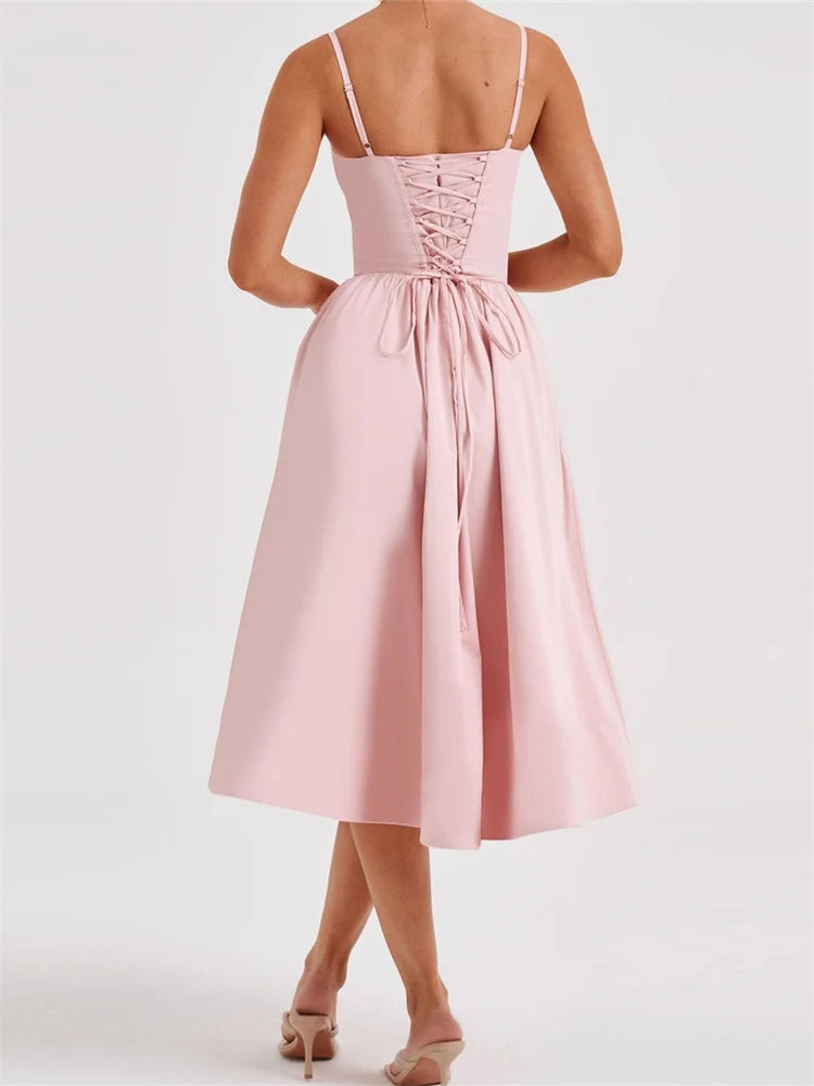 Spaghetti Strap Sweetheart Bustier Fit and Flare A-Line Midi Dress