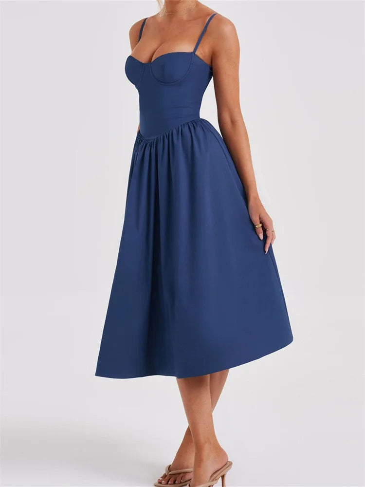 Spaghetti Strap Sweetheart Bustier Fit and Flare A-Line Midi Dress