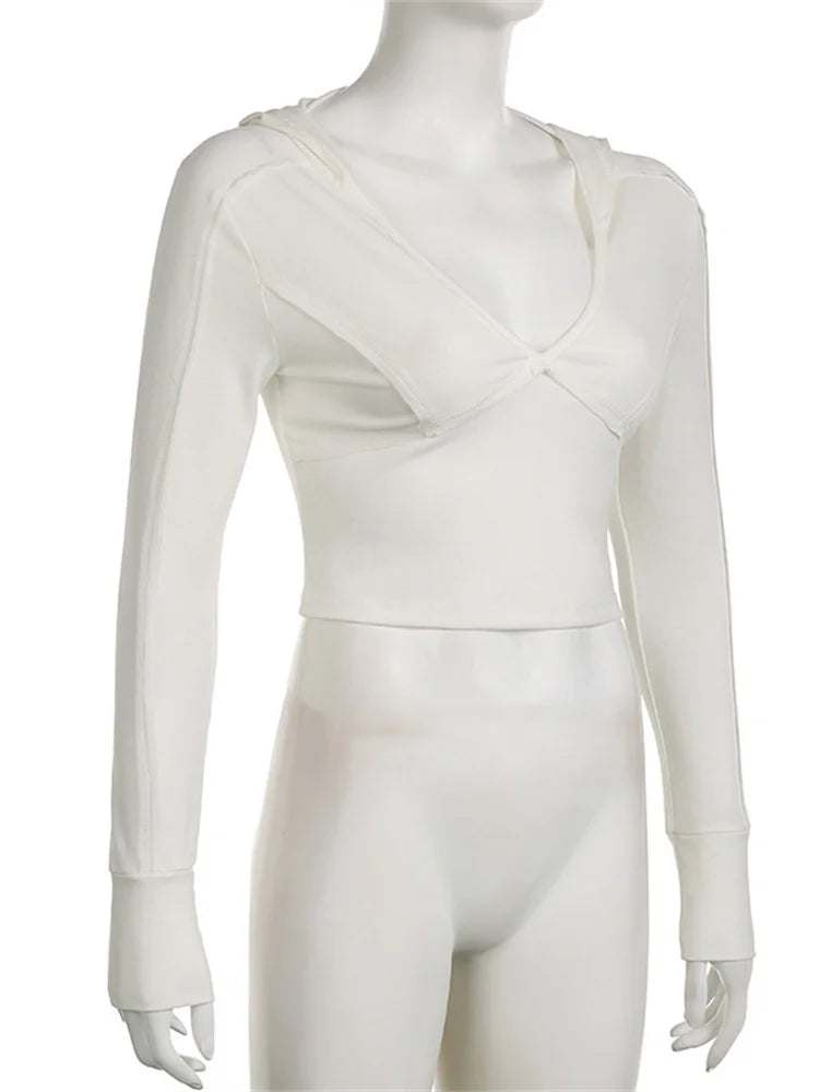 Deep V-Neck Hooded Ribbed Crop Top