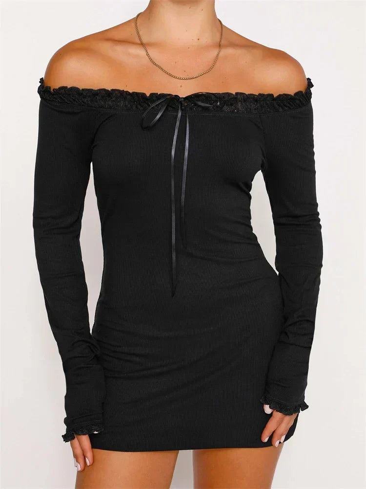Ribbed Knit Scoop Neck Long Sleeve Ruffle Trim Bow Bodycon Mini Dress 3