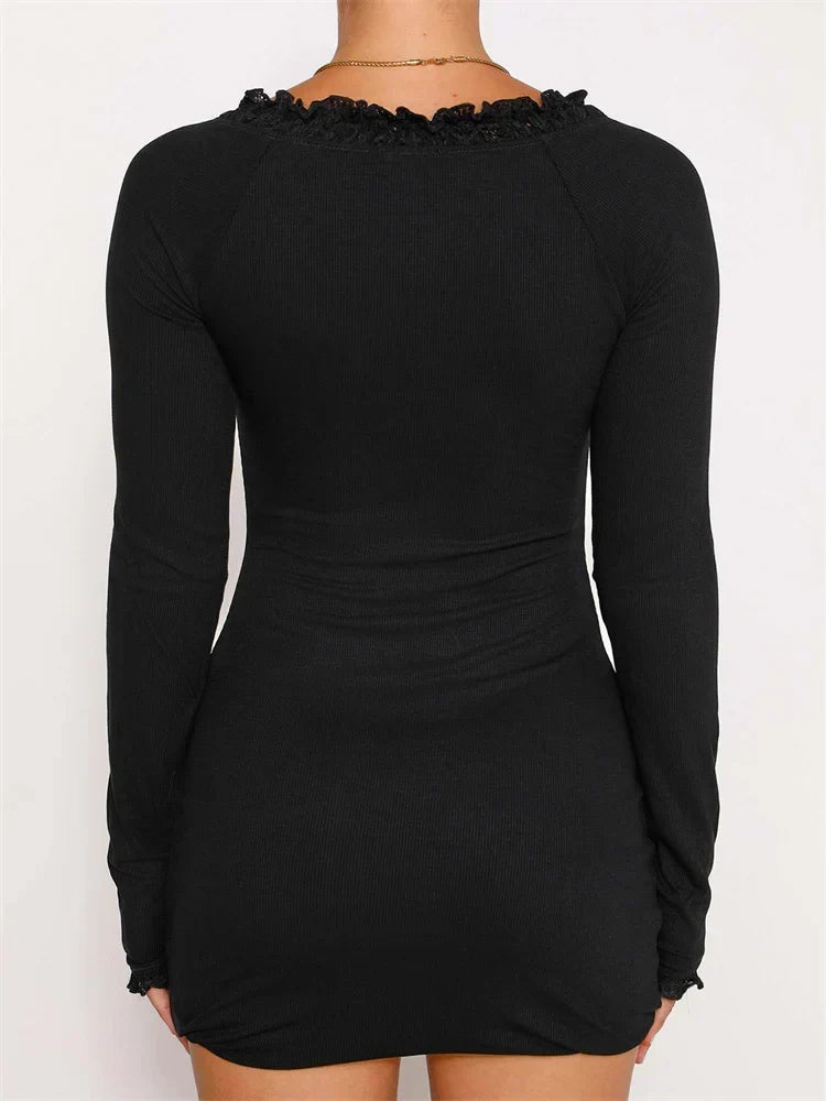 Ribbed Knit Scoop Neck Long Sleeve Ruffle Trim Bow Bodycon Mini Dress 4
