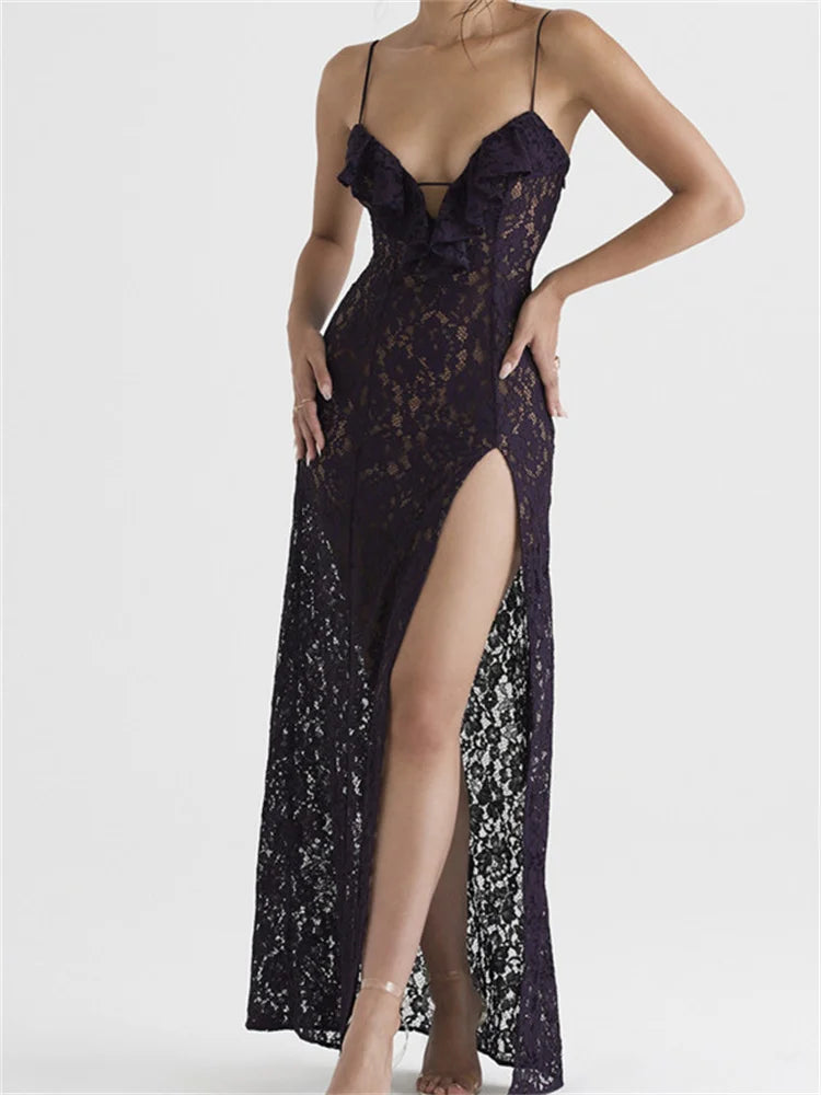 Patchwork Deep V-Neck Lace Floral Dress