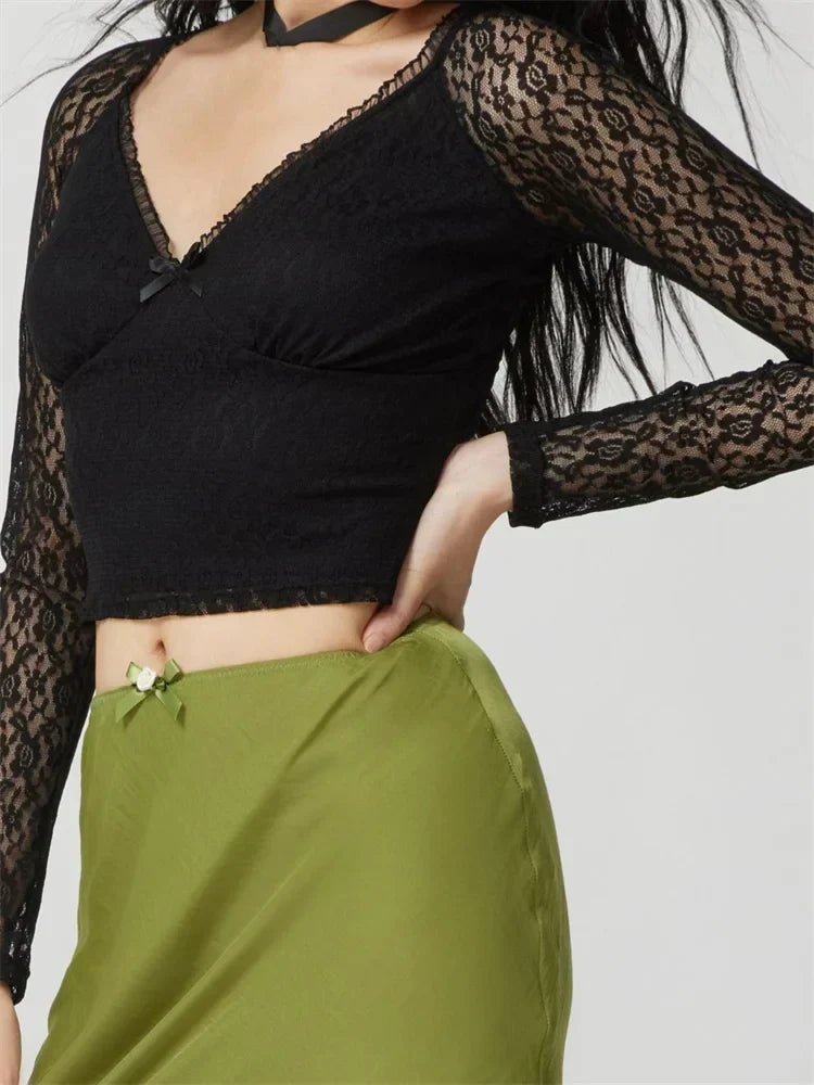 Deep V-Neck Lace Sheer Mesh Crop Top
