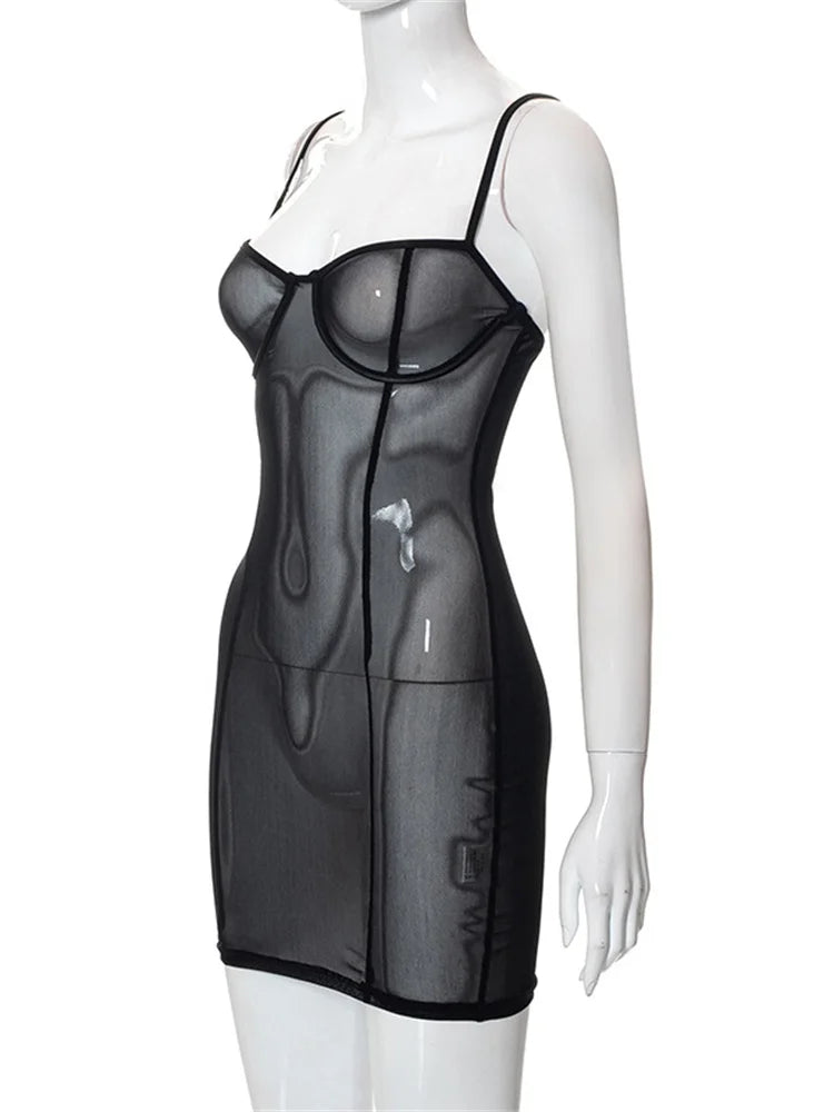 Sheer Mesh Underwire Cup Spaghetti Strap Bodycon Mini Dress 5