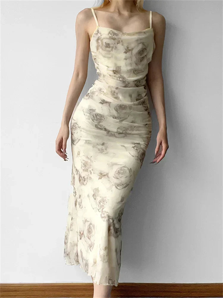 Vintage Washed Deep V-Neck Ruched Floral Dress