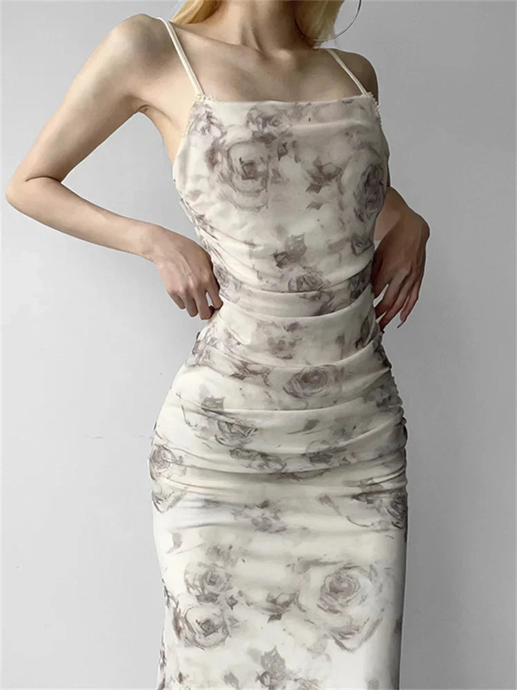 Vintage Washed Deep V-Neck Ruched Floral Dress