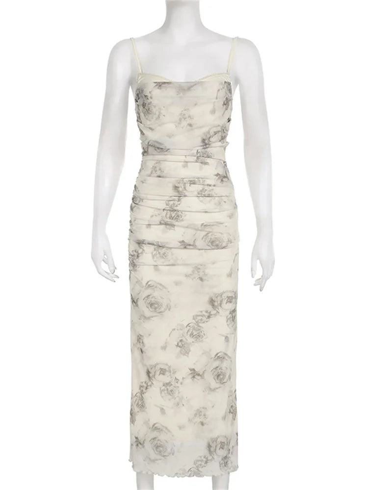 Vintage Washed Deep V-Neck Ruched Floral Dress