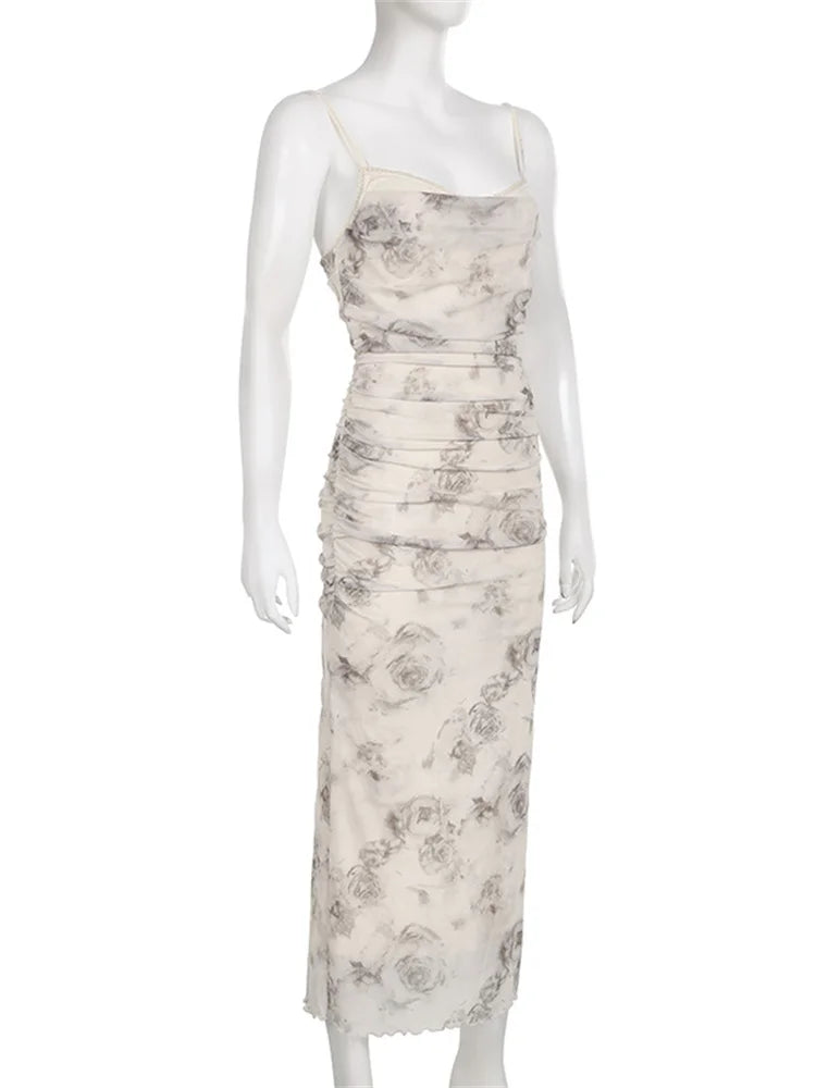 Vintage Washed Deep V-Neck Ruched Floral Dress